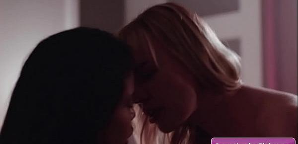  Amazing interracial lesbian couple Dana DeArmond, Nia Nacci licking their big natural boobs and wet pussies